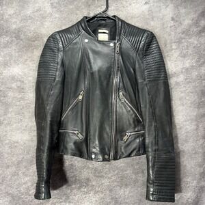 Y2K Zara TRF Black Sheep Leather Biker Moto Jacket Womens M Asymmetric Zip Edgy